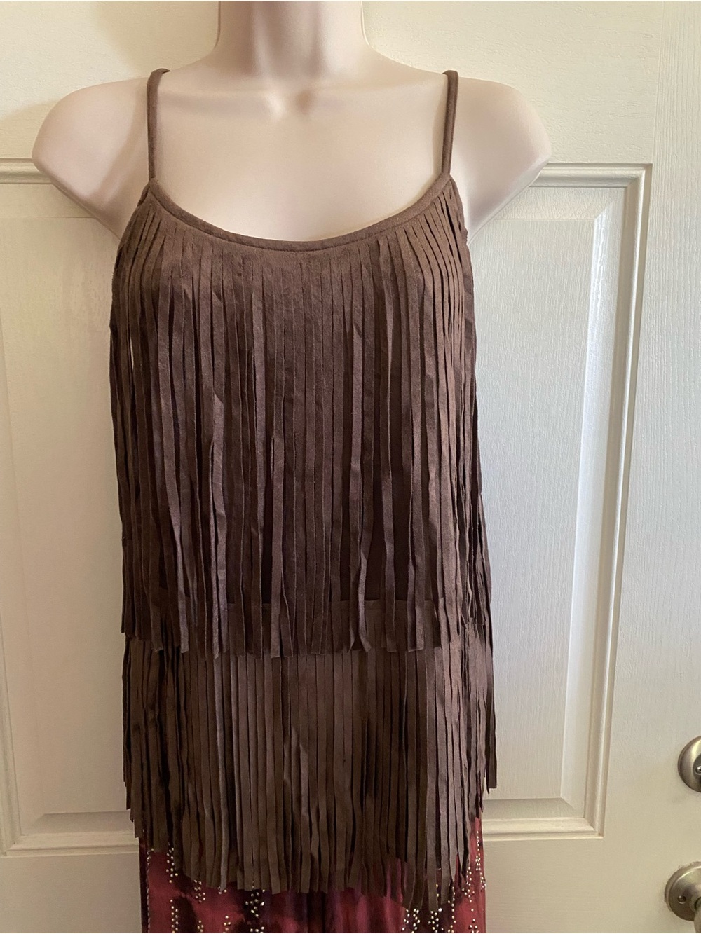 Vocal Brown Fringe Spaghetti-Strap Camisole. Faux suede Feel, washable